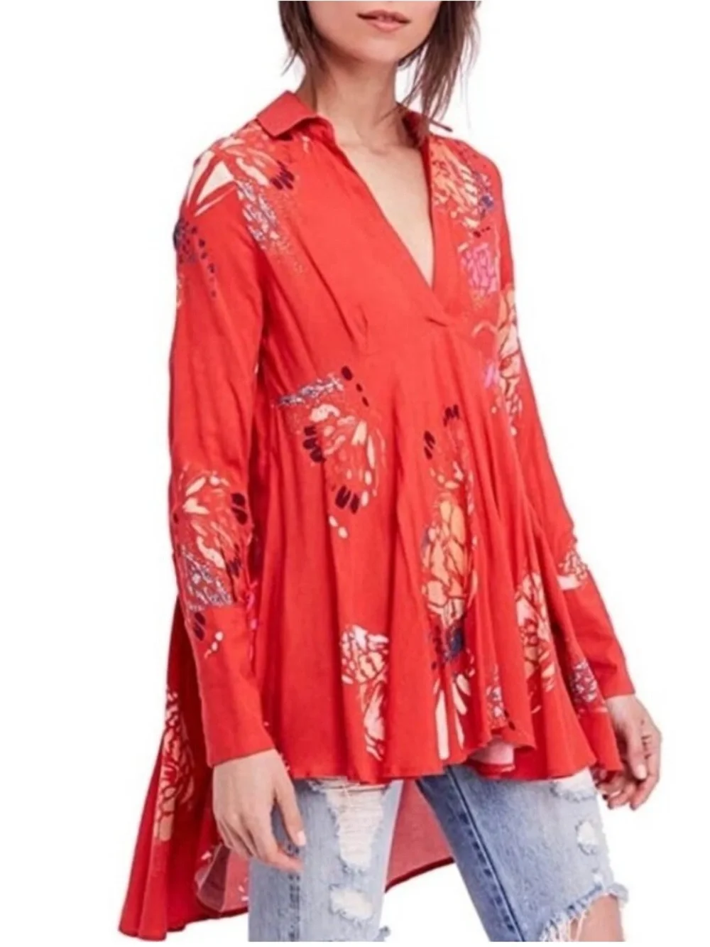 Free People Field of Butterflies Tunic With a Hi-Low Hemline Size Medium